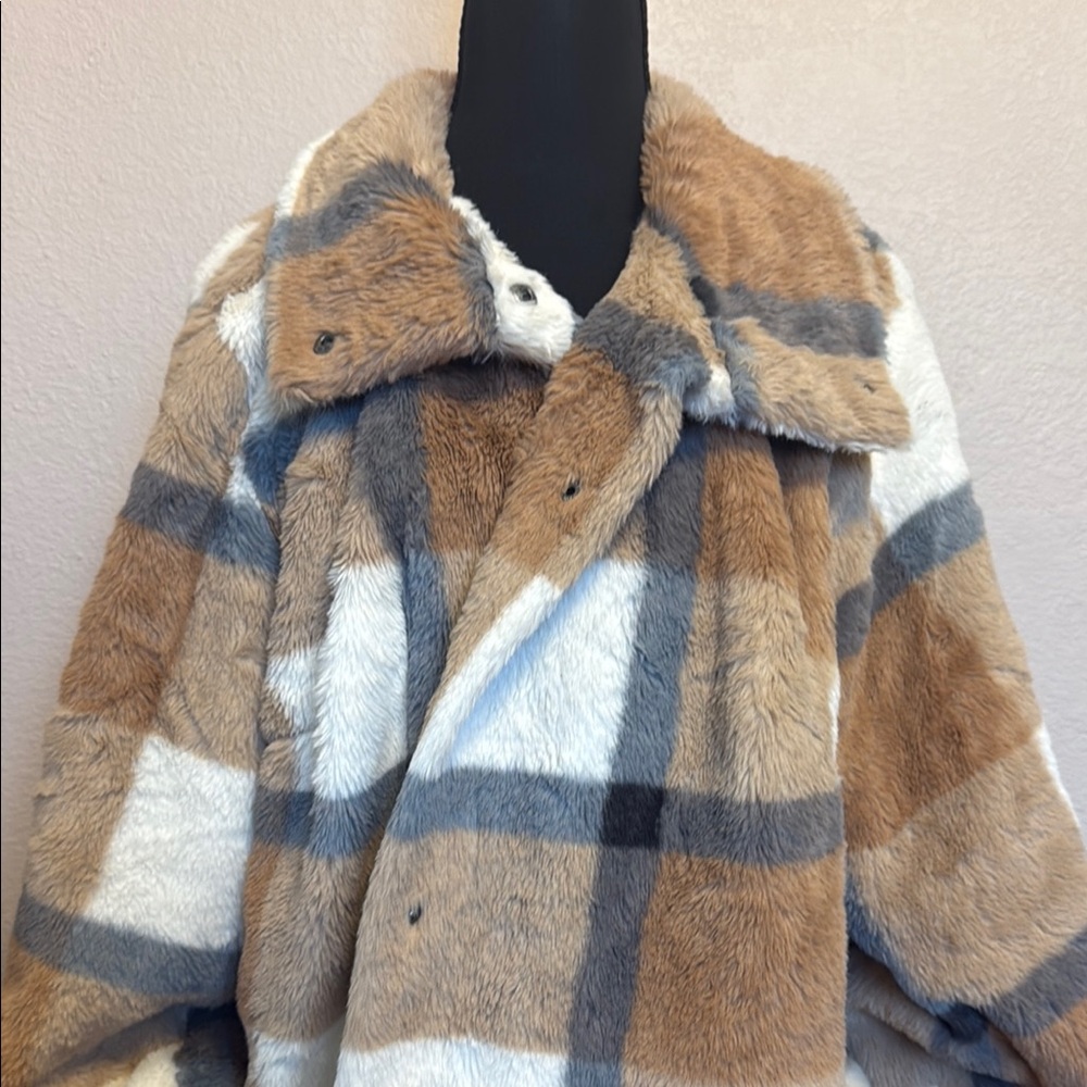 Plaid Faux Fur Jacket - Tan, Gray, White